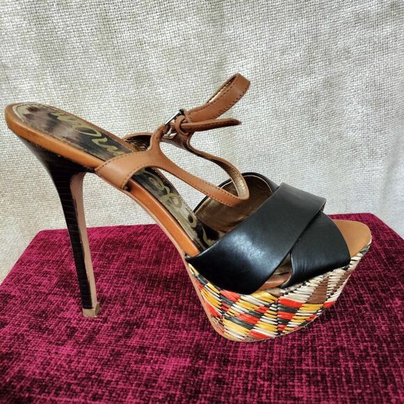 Sam Edelman Mason Women's Black Leather Open Toe Ankle Strap Platform Heels sz 6 - Picture 1 of 8